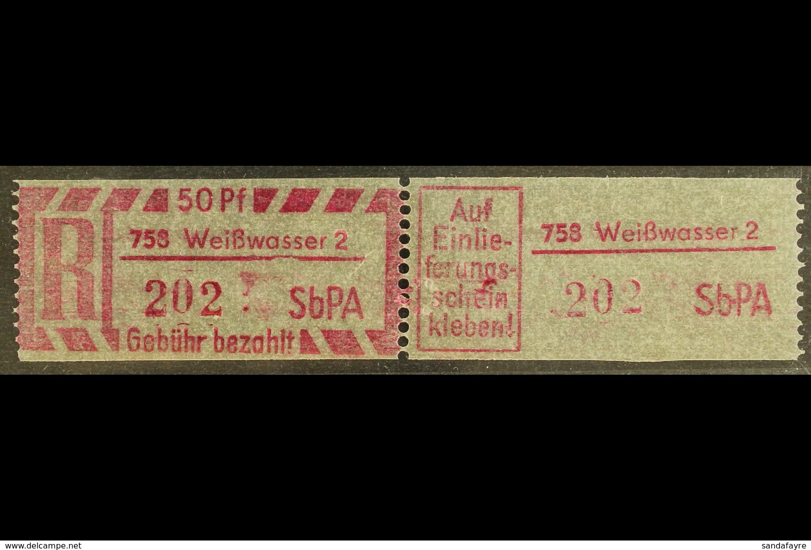REGISTERED MAIL STAMP (EINSCHREIBEMARKEN) 1968 50pf With Type 1 Postcode, Perf 12½, Michel 2 C PLZ 758-2 (Weisswasser 2) - Andere & Zonder Classificatie