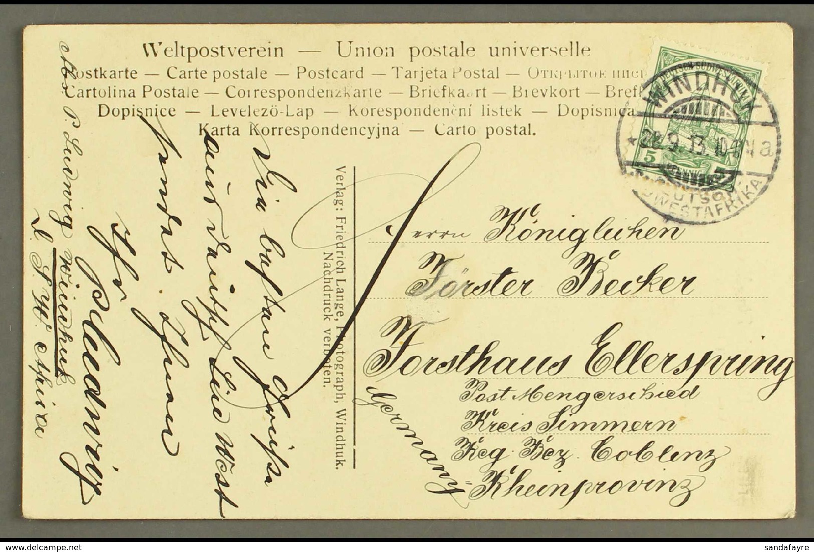 SOUTH WEST AFRICA 1913 (28 Sep) Ppc To Germany Bearing 5pf Yacht Tied By Fine "WINDHUK" Cds Cancel With Message Alongsid - Andere & Zonder Classificatie