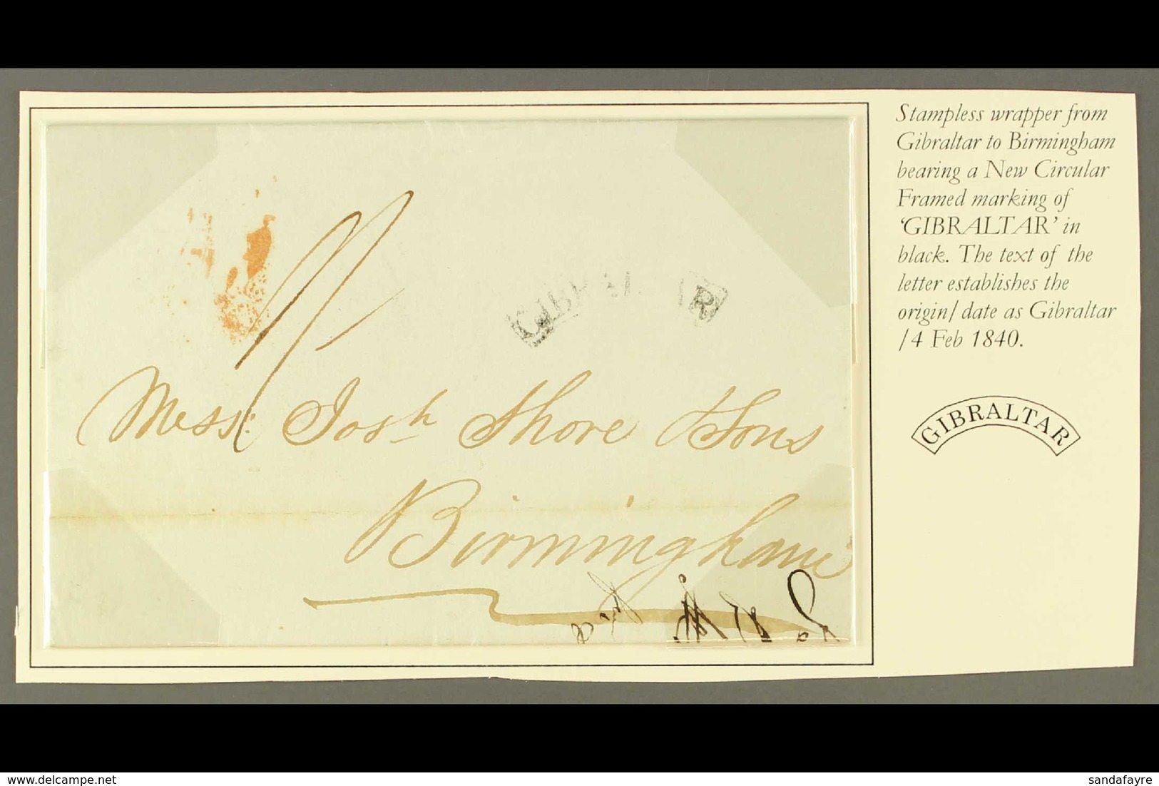 1840 (4 Feb) Entire From Malaga To Birmingham Bearing A Strike Of The "GIBRALTAR" Arc And Neat London Cds On Reverse. Fr - Gibilterra