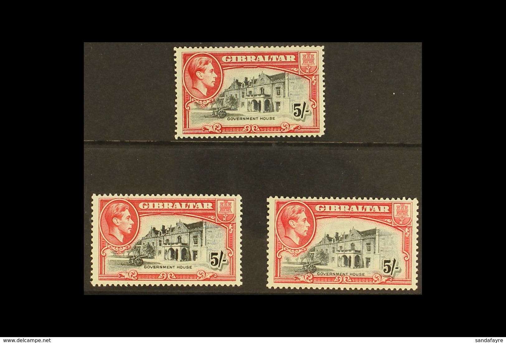 1938-51 5s Black & Carmine Perforation Set, SG 129, 129a & 129b, Very Fine Mint (3 Stamps) For More Images, Please Visit - Gibraltar