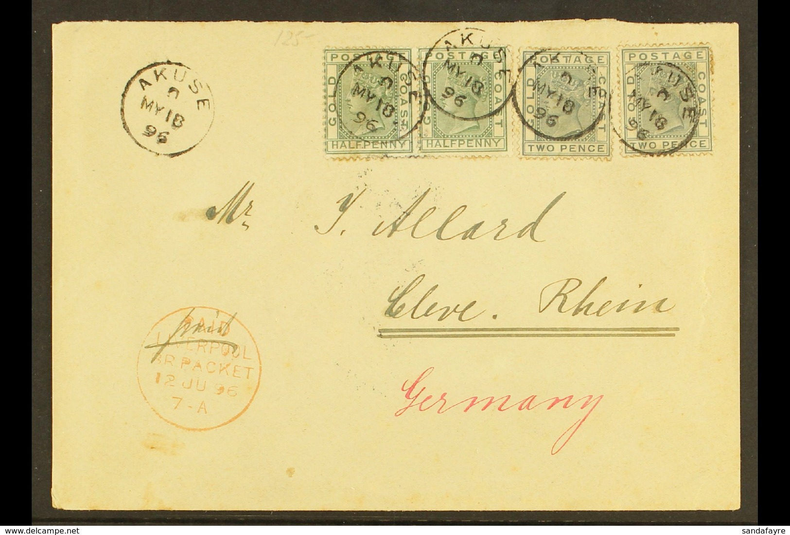 1896 (18 May) Cover Addressed To Germany, Bearing 1884-91 ½d Pair & 2d (x2) Stamps Tied By "Akuse" Cds's, With "Paid Liv - Goudkust (...-1957)