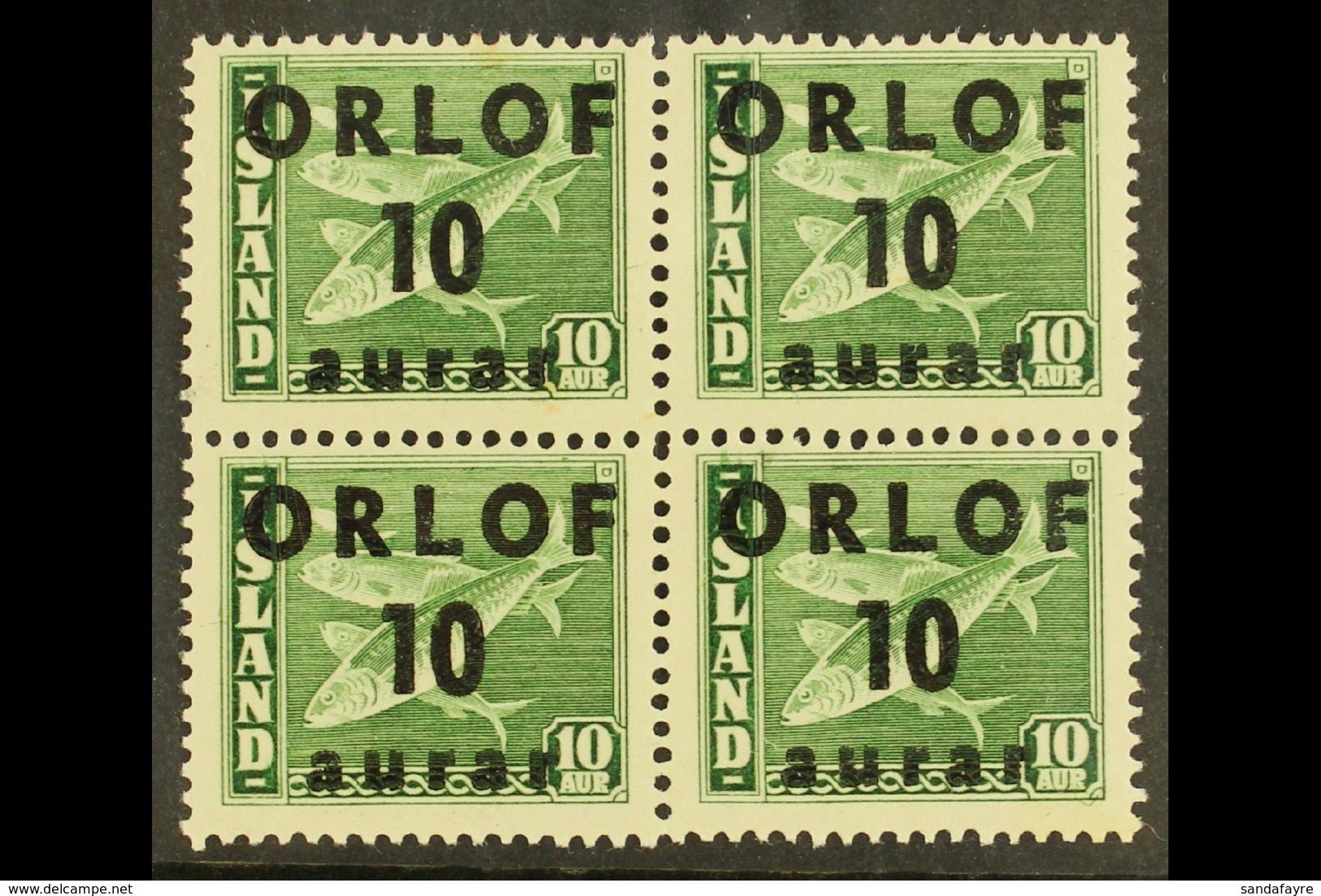 REVENUE STAMPS 1943 Vacation Savings Stamps - "ORLOF" Overprint 10aur On 10aur Green Codfish - A Never Hinged Mint BLOCK - Altri & Non Classificati