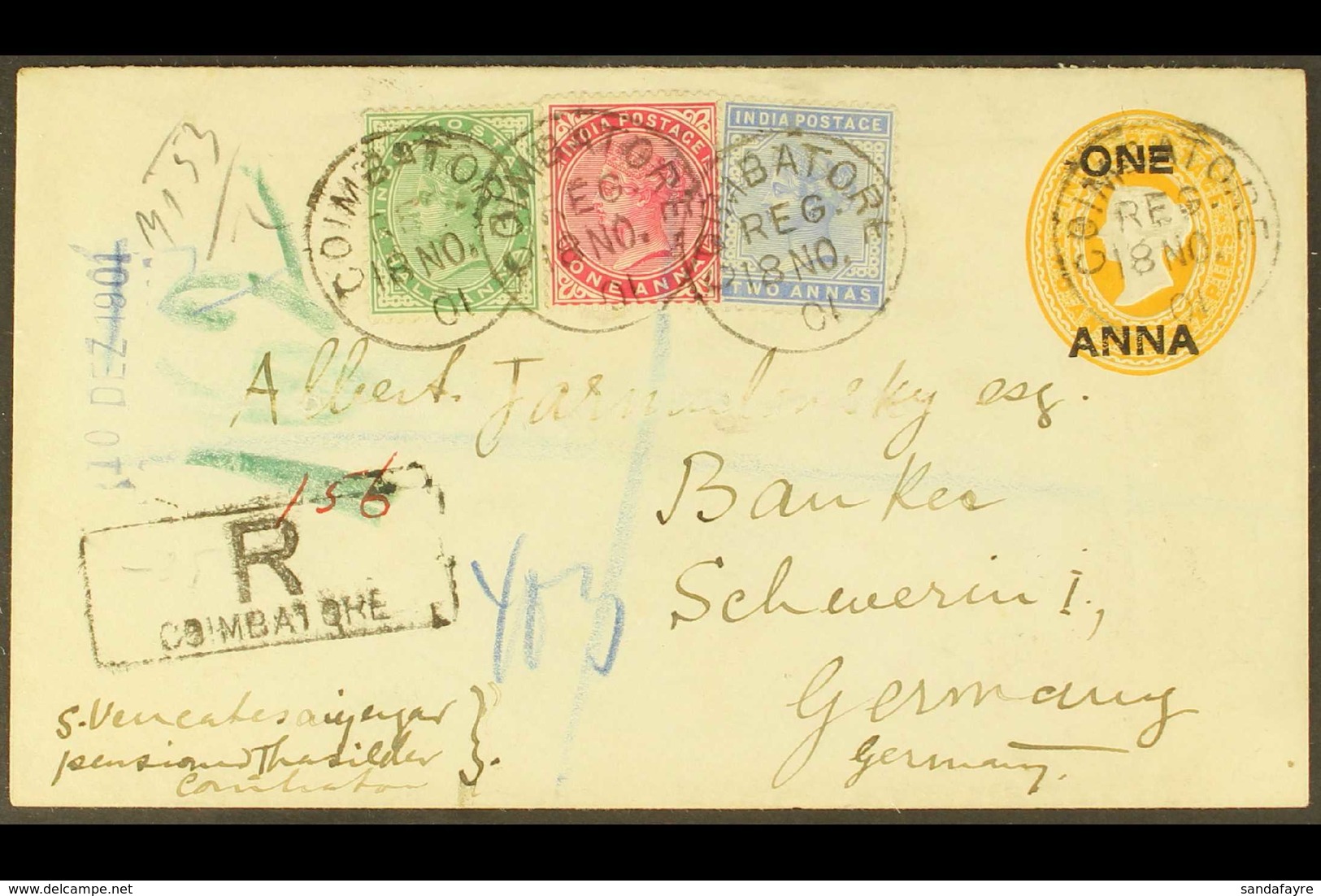 1901 (Nov 18th) Registered (+ Surcharged) Postal Stationery Cover From Coimbatore To Germany, Uprated  With ½a, 1a & 2a  - Andere & Zonder Classificatie