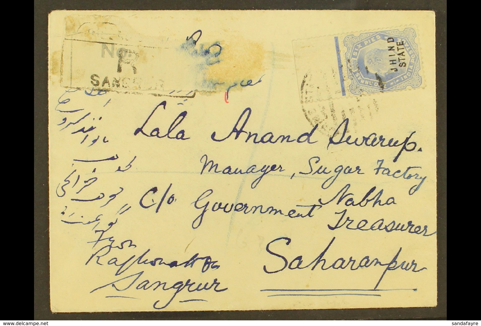 JHIND 1910 (14 Nov) Registered Cover From Sangrur To Saharanpur Bearing KEVII 2a6p Ultramarine (SG 47), Fine Marginal Ex - Andere & Zonder Classificatie