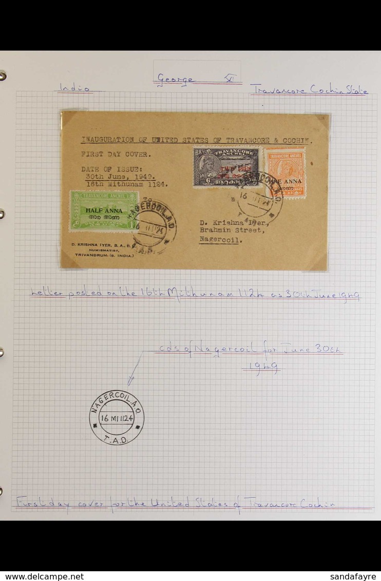 TRAVANCORE-COCHIN 1949-51 FINE USED COLLECTION Begins With Cover Postmarked On First Day Of Inauguration, Then Includes  - Andere & Zonder Classificatie