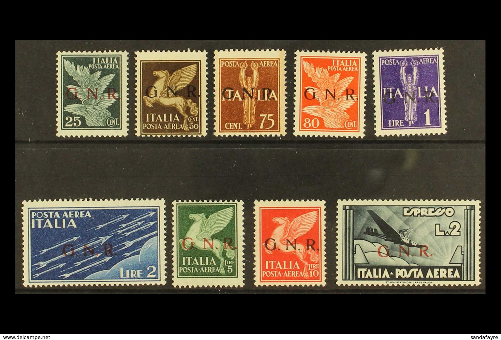 SOCIAL REPUBLIC AIRMAILS 1944 "G.N.R." Overprints, Complete Set Incl. 2L Express Stamp, Sassone 117/25, Mi 35 I/43 I, Mi - Zonder Classificatie