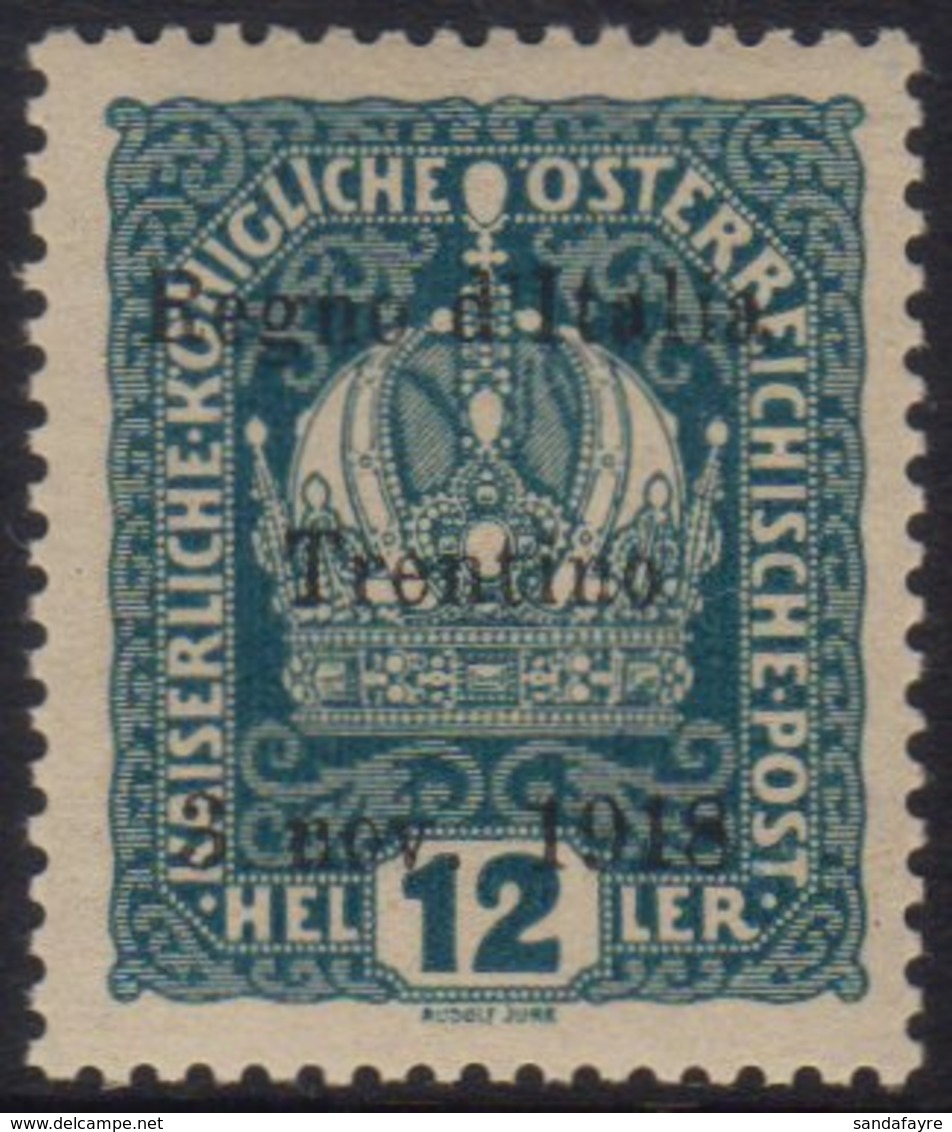 TRENTINO 1918 12h Blue-green Overprinted "Regno D'Italia Etc", Sass 5, Very Fine Never Hinged Mint. Signed Oliva. Cat €6 - Zonder Classificatie