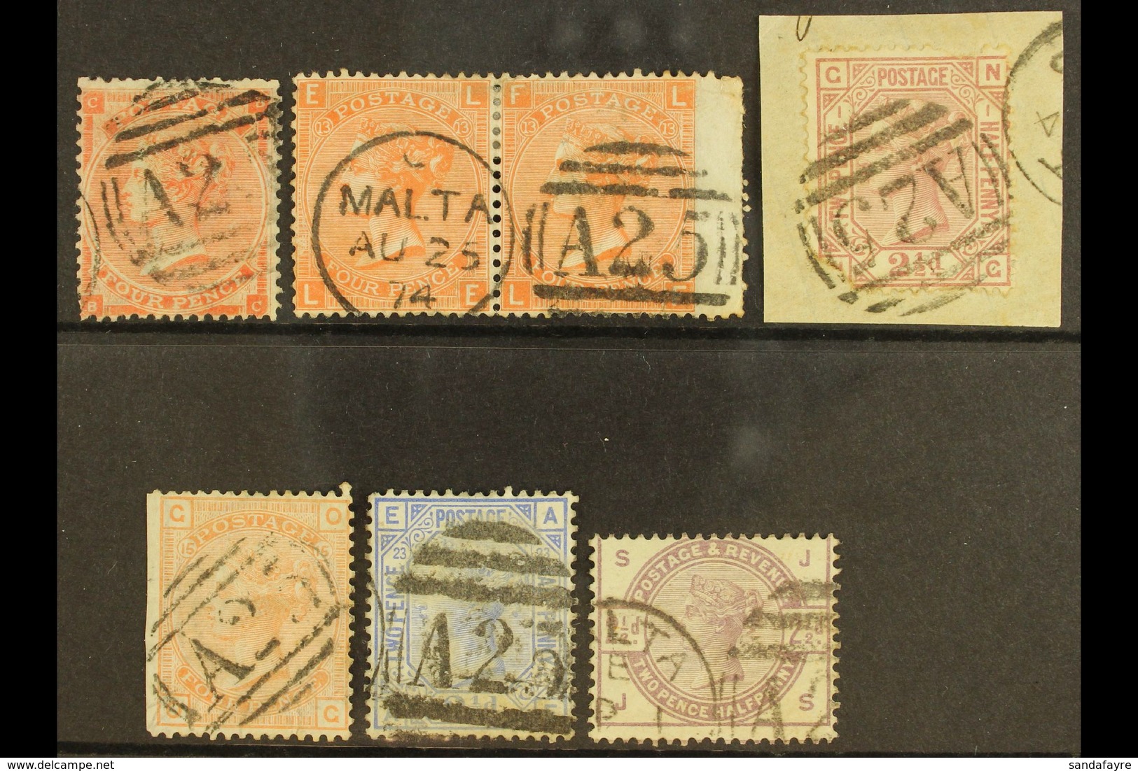 GB USED IN MALTA GB QV Stamps With "A25" Duplex Cancels Comprising 1862 4d (SG Z48), 1865-73 4d Pair (Z49), 1875-76 2½d  - Malta (...-1964)