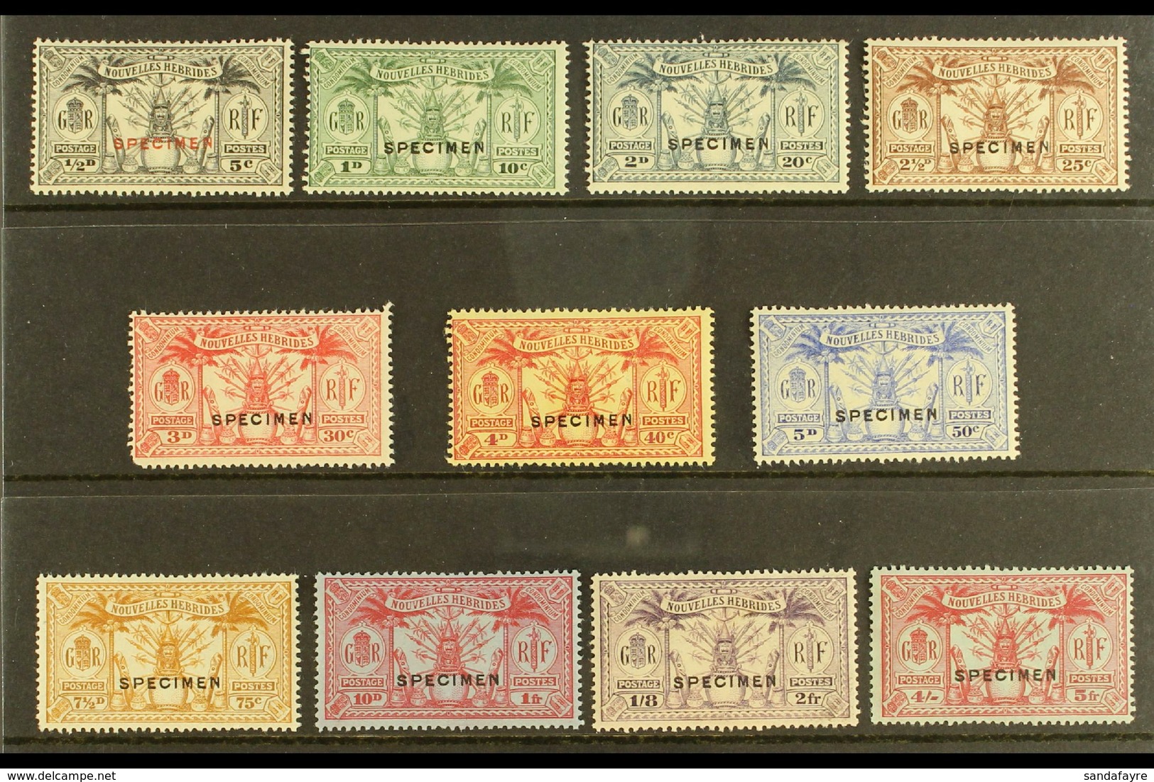 FRENCH CURRENCY 1925 Wmk "RF" In Sheet, Complete Set, Ovptd "Specimen", SG F42s/52s, Very Fine Mint. (11 Stamps) For Mor - Andere & Zonder Classificatie