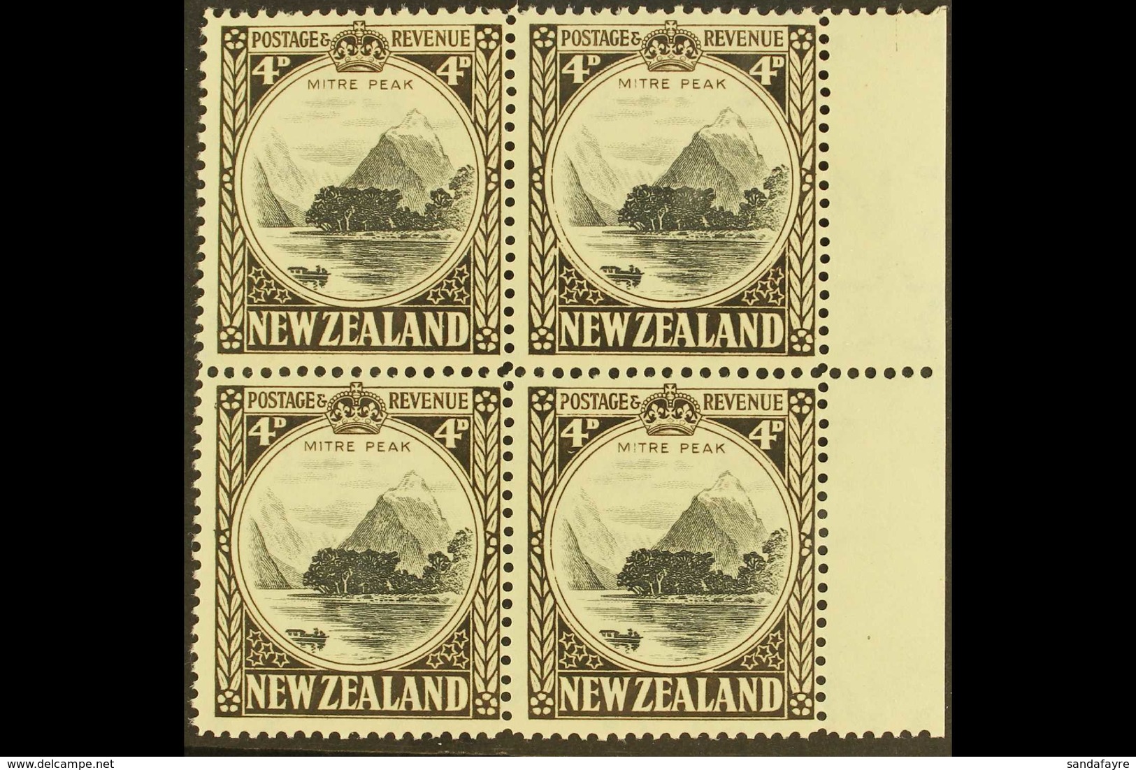 1941 4d Black And Sepia Mitre Peak, Line Perf. 14 SG 583c, Very Fine Mint Right Marginal Block Of Four, Three Are Never  - Andere & Zonder Classificatie