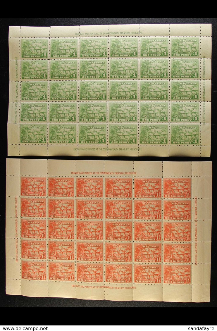 1925-27 "Native Village" 1d Green And 1½d Orange-vermilion (SG 126 & 126a), Never Hinged Mint Complete Sheets Of Thirty  - Papua Nuova Guinea