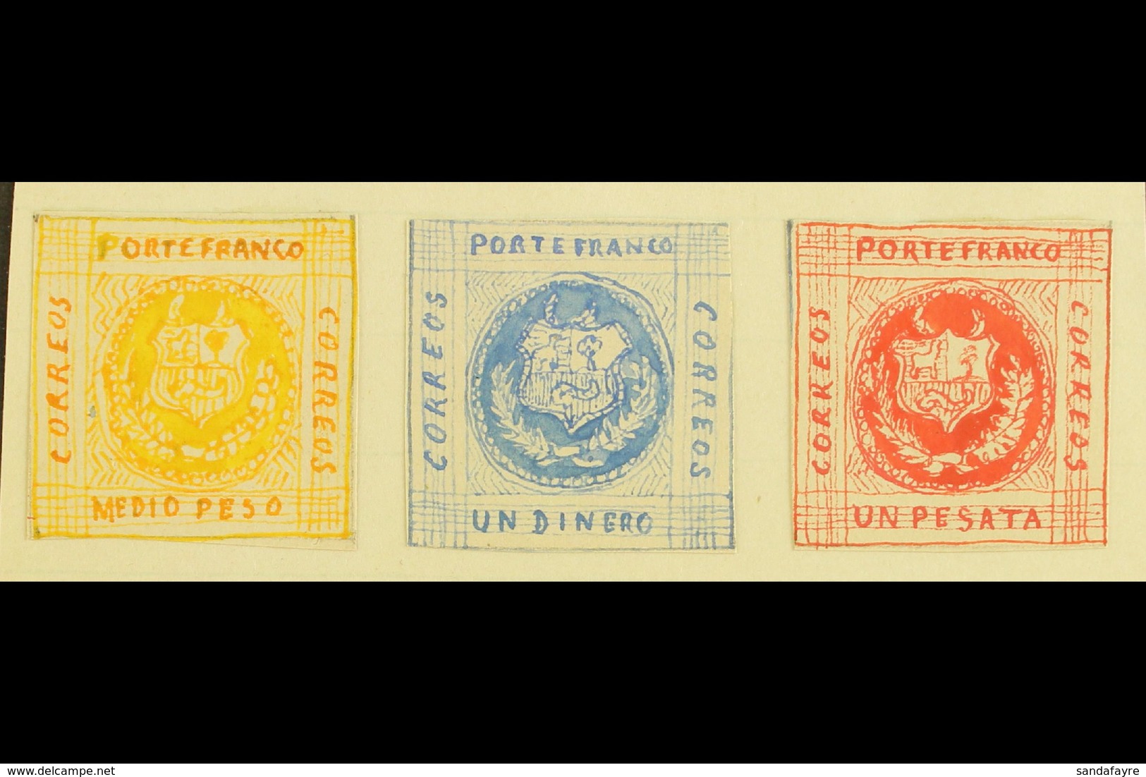 1861 HAND PAINTED STAMPS Unique Miniature Artworks Created By A French "Timbrophile" In 1861. Three Values With Similar  - Perù