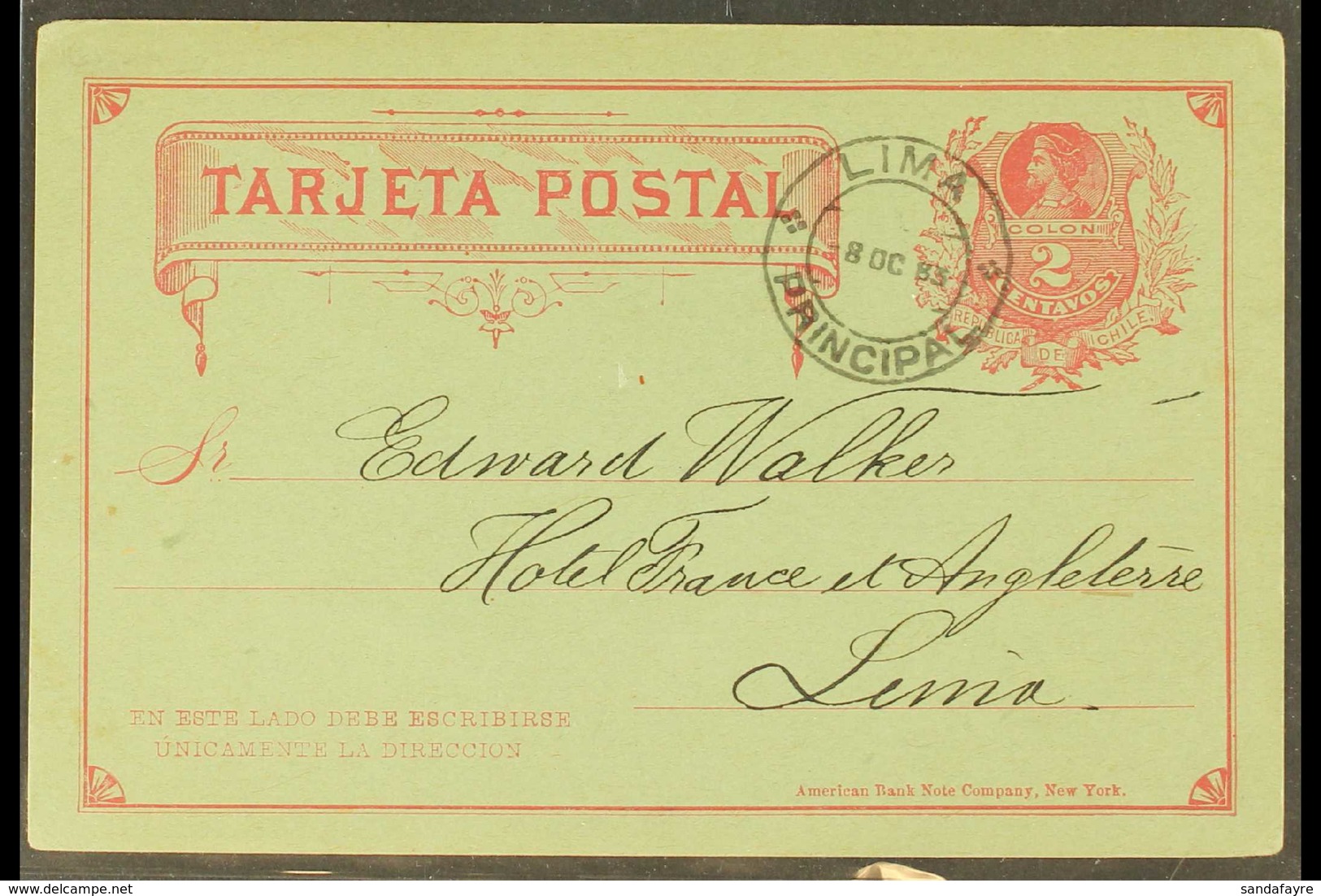1883 (8 Oct) 2c Chilean Postal Stationery Card Cancelled Very Fine LIMA Cds During The Chilean Occupation, On Reverse Me - Peru