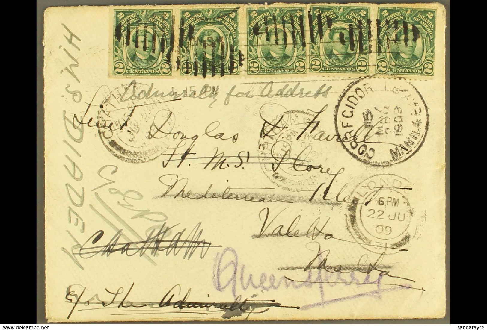 1909 (15 May) Env From Manilla To Lieut Douglas Favrell, HMS Glory, Mediterranean Fleet, Valeto, Malta Bearing 5x 2c Gre - Filippijnen