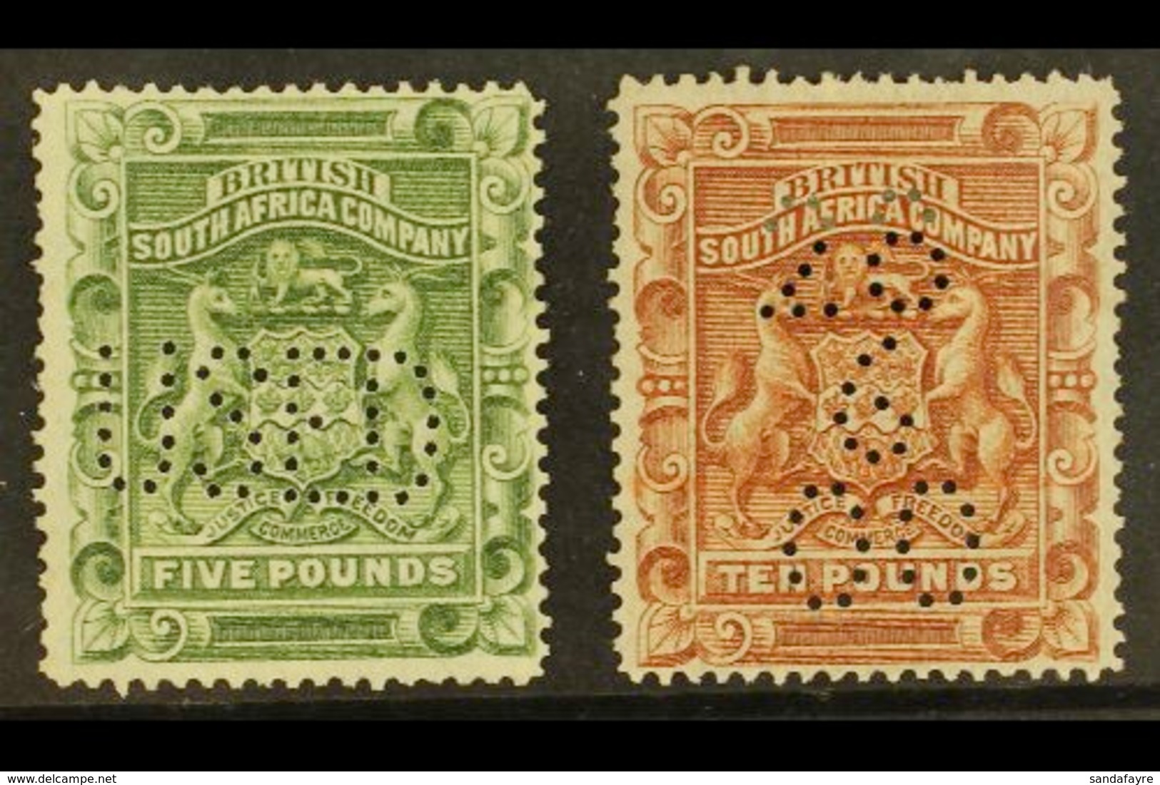 1892-93 £5 Sage-green & £10 Brown, SG 12/13, Fine Fiscally Used With Perfins, Fresh. (2 Stamps) For More Images, Please  - Andere & Zonder Classificatie