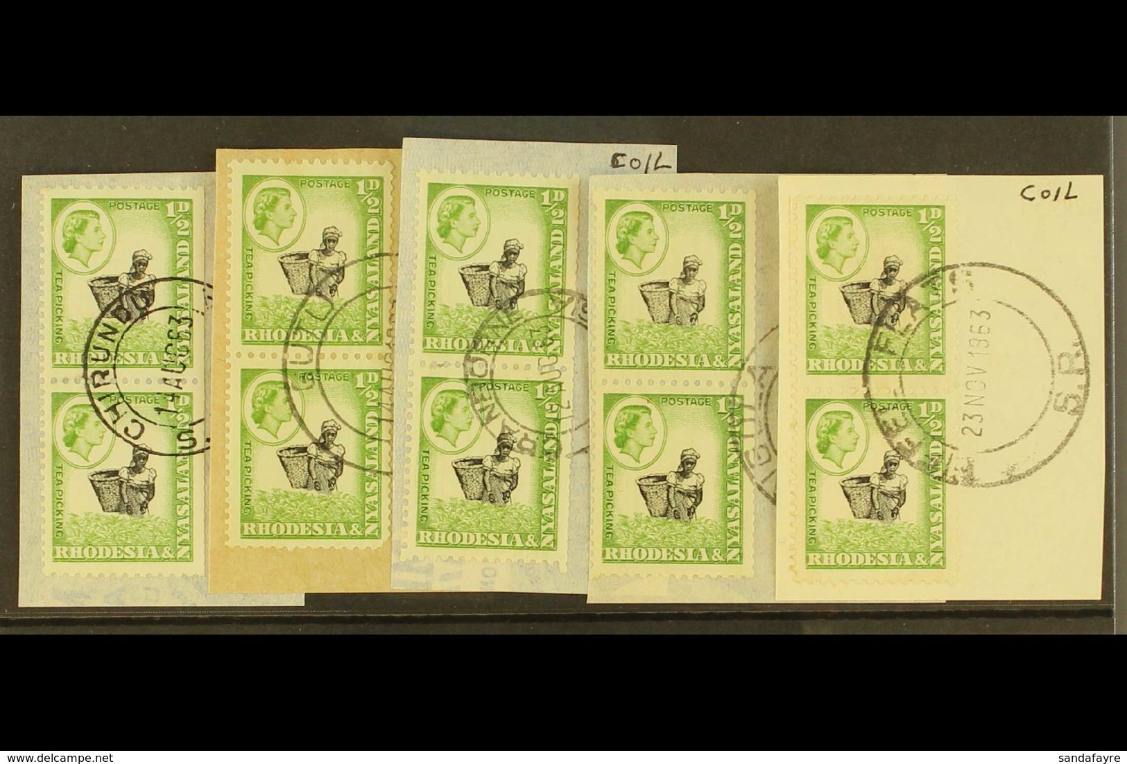 1959-62 ½d Coil Pairs, SG 18a, Very Fine Used On Piece With Clear 1963 Southern Rhodesia Cancels Incl. Chirundu, Gutu, C - Rhodesië & Nyasaland (1954-1963)