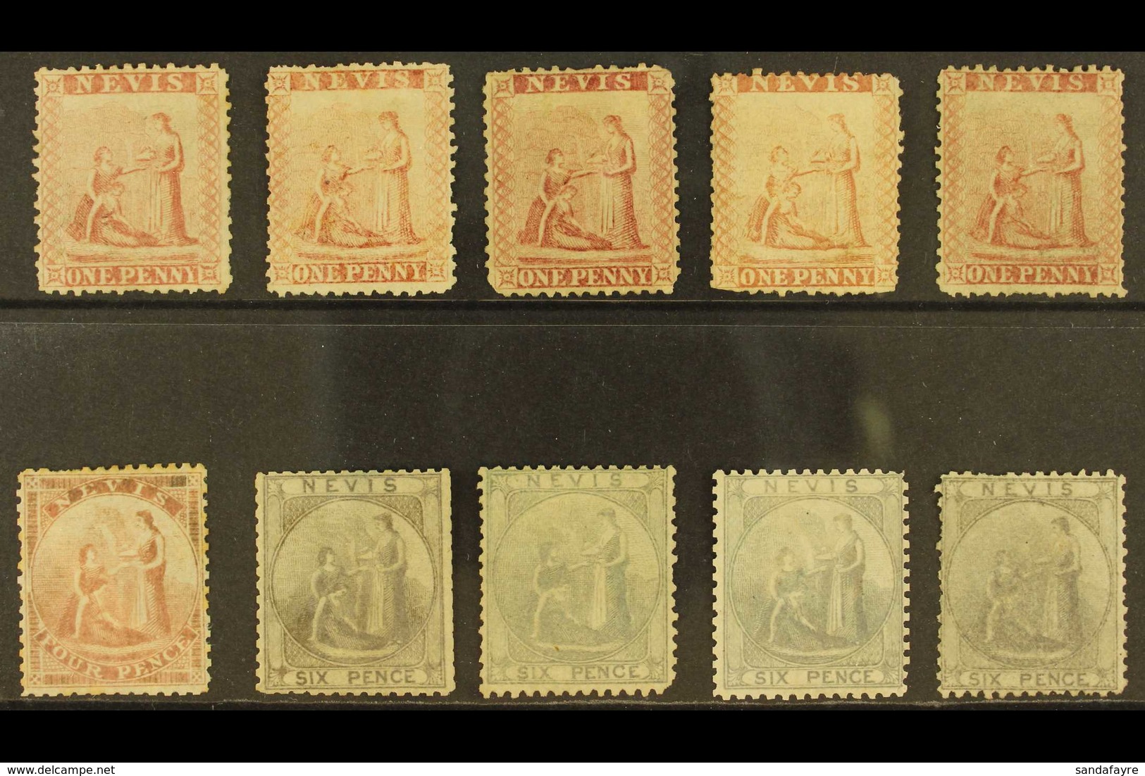 1862 Recess Printed 1d (5), 4d And 6d (4), SG 1/3,  Mint Or Unused, Some With Faults But Excellent For Plating. (10 Stam - St.Christopher-Nevis-Anguilla (...-1980)