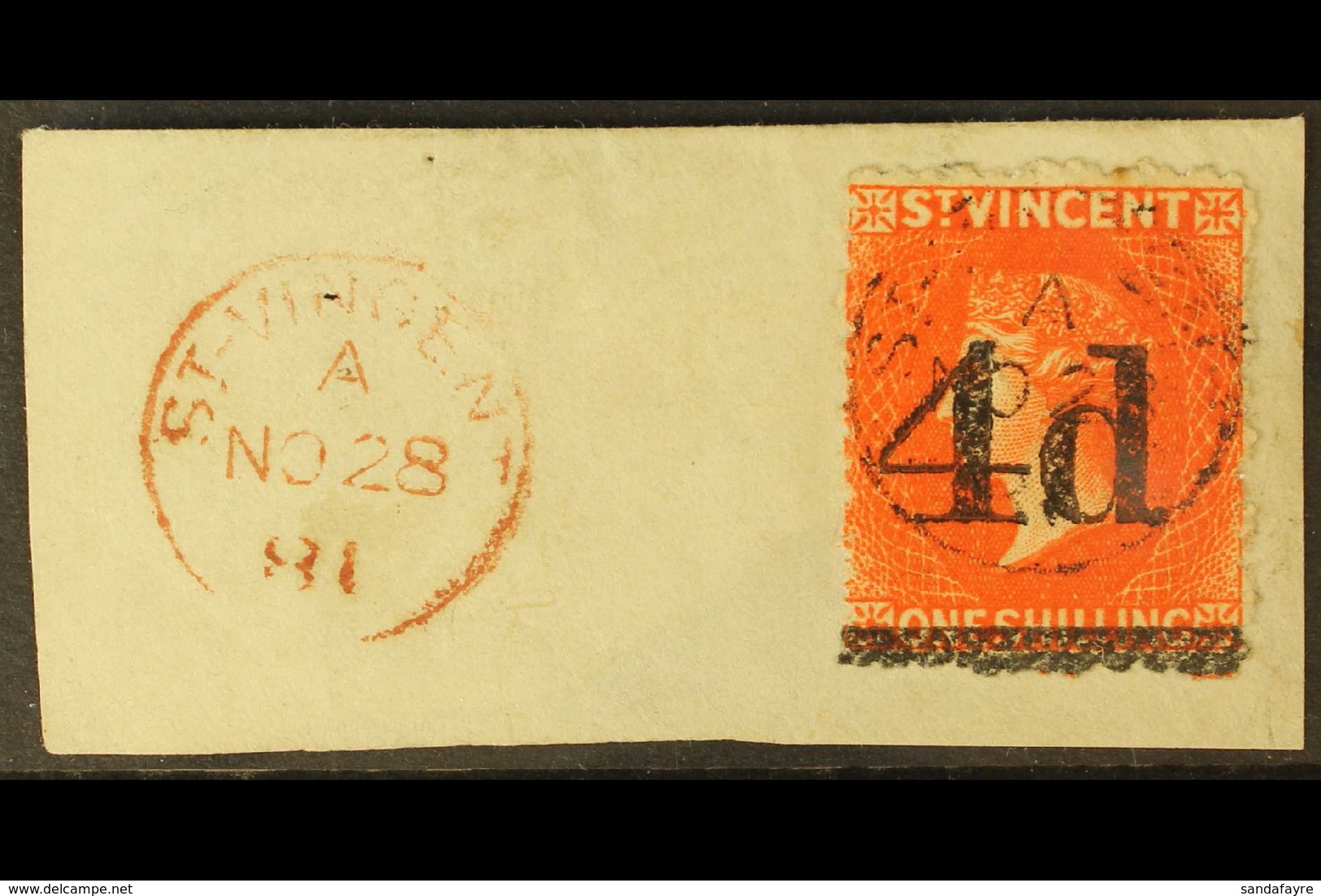 1881 4d On 1s Bright Vermilion, SG 35, Very Fine Used On Piece Cancelled By Superb DATE OF ISSUE 28 Nov 1881 Cds With An - St.Vincent (...-1979)