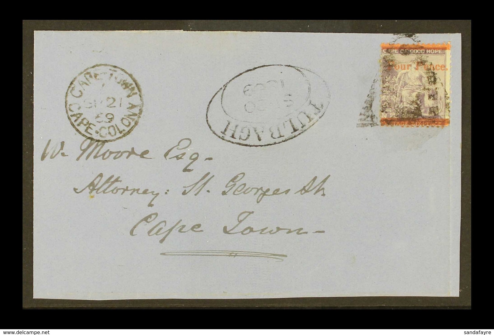 CAPE 1868 4d On 6d Deep Lilac Surcharge (SG 27) Used On Cover Front Tied By Triangular Postmark, Plus Oval Dated "Tulbag - Zonder Classificatie