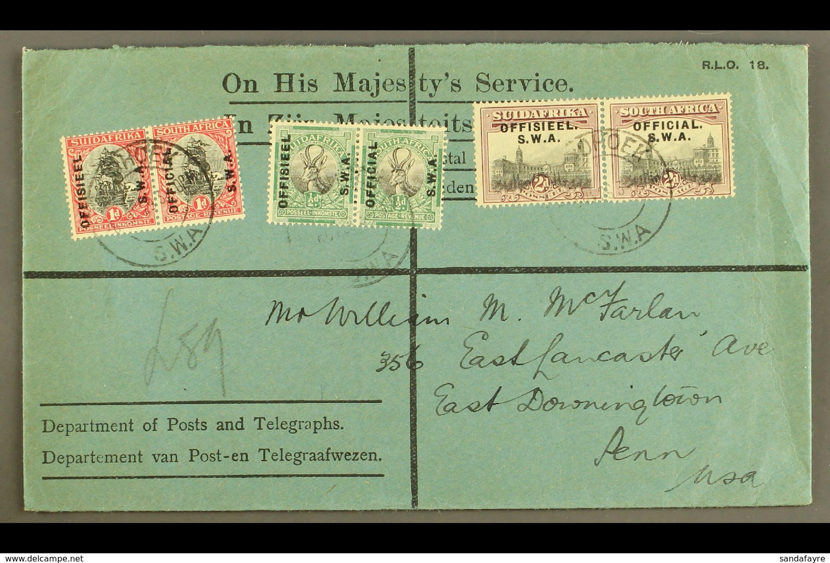 1929 (8 Nov) OHMS Printed Cover To USA Bearing ½d, 1d, And 2d Official (SG O9/11) Horiz Pairs Tied By Windhoek Cds's; Ne - Zuidwest-Afrika (1923-1990)