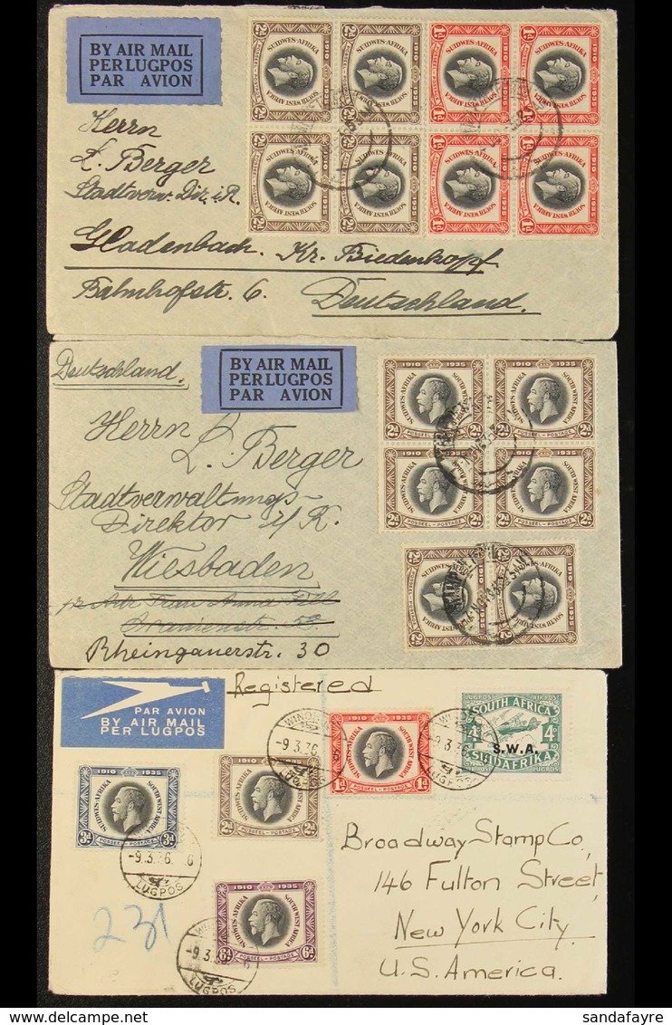 1935 SILVER JUBILEE Issues Used On Cover - Group Of Three Covers Incl. Full Set On 1936 Reg'd Flight Cover To USA, Two A - Zuidwest-Afrika (1923-1990)