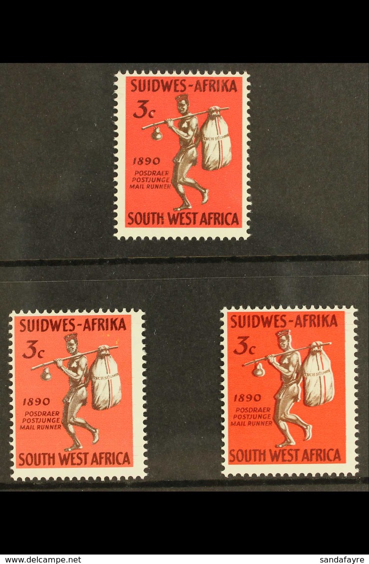 1965 3c Windhoek Anniversary, COLOUR TRIALS Of 3c Brown And Salmon, And Brown On Bright Red SASC 228, Plus Normal For Co - Africa Del Sud-Ovest (1923-1990)