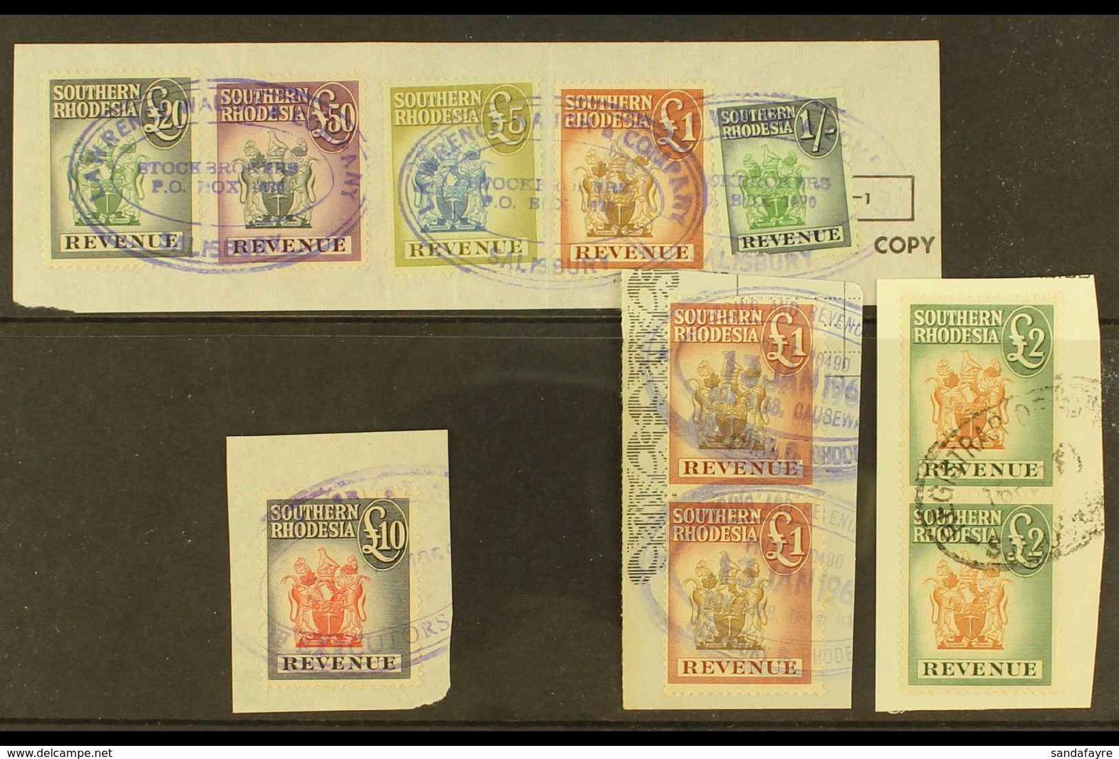 REVENUES 1954 Small Group Incl. £5, £10, £20 & £50 Used On Piece, Barefoot 38/43, Fine Used. For More Images, Please Vis - Rhodesia Del Sud (...-1964)