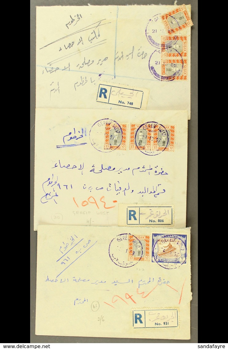 1955-1958 LOCAL POSTAL AGENCIES. Three Registered Covers With Stamps Tied By "Gereif West" (x2) And "Gaili" Violet Provi - Sudan (...-1951)