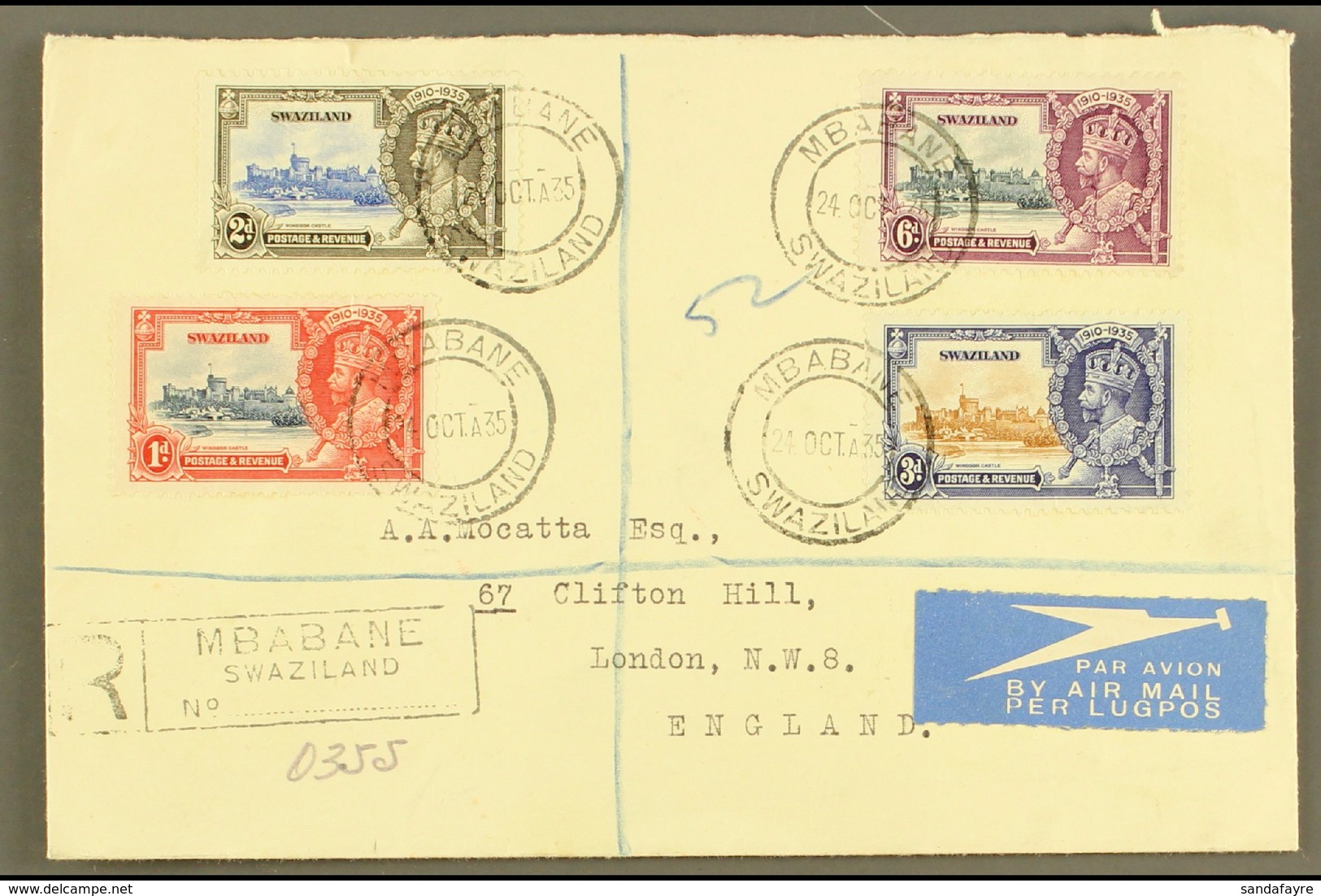 1935 Silver Jubilee Complete Set, SG 21/24, Fine Used On Registered Air Cover To London, Mbabane Cds's.  For More Images - Swaziland (...-1967)