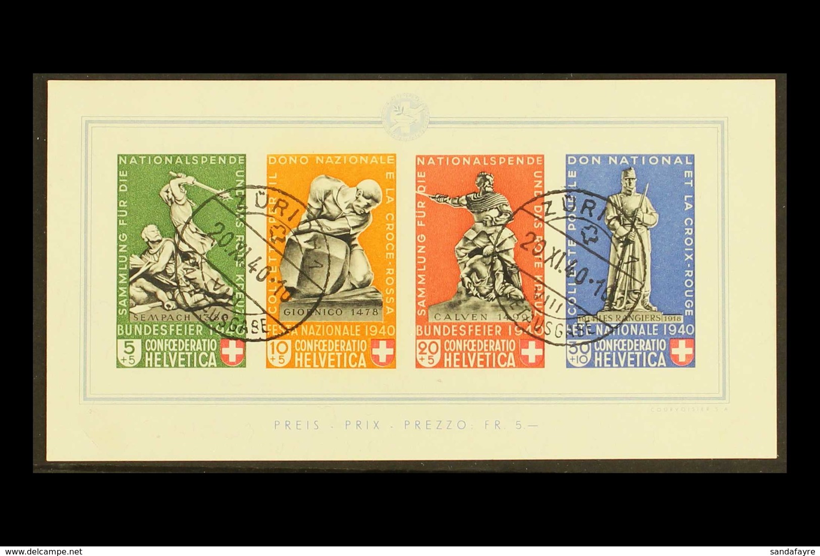 1940 Pro Patria - National Fete And Red Cross Fund Mini-sheet (Michel Block 5, SG MS404a), Superb Cds Used, Very Fresh & - Other & Unclassified