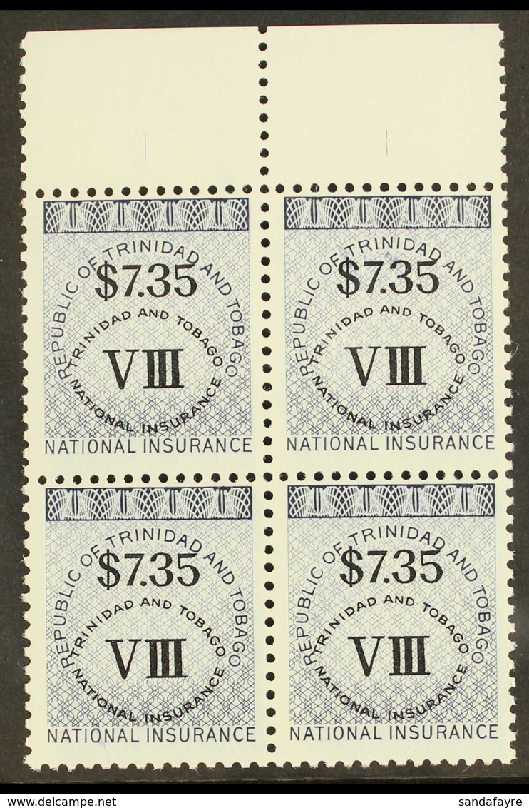 REVENUES NATIONAL INSURANCE 1990 $7.35 Class VIII Error In Dark Blue, Barefoot 14, Never Hinged Mint BLOCK OF 4. For Mor - Trinidad En Tobago (...-1961)