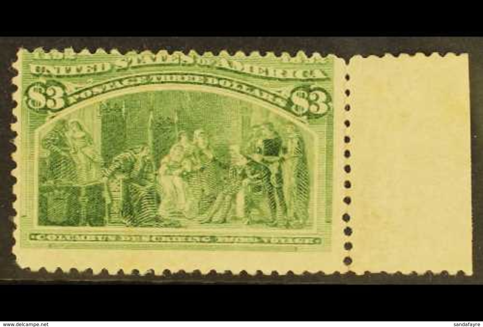 1893 $3 Yellow-green, Columbian Expo, Scott 243, Mint, Small Gum Thin, Centred High. For More Images, Please Visit Http: - Andere & Zonder Classificatie