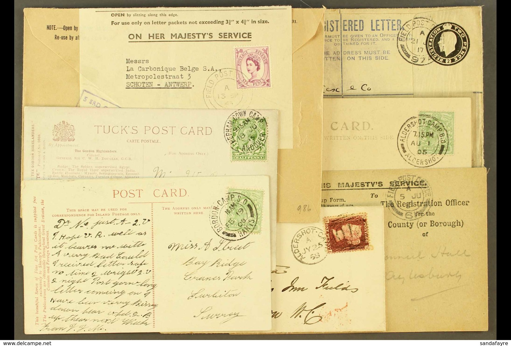MILITARY COVERS Group With 1858 Aldershot Camp Duplex On 1d Red Franked Envelope, 1917 Registered Envelope With FPO 97 C - Altri & Non Classificati