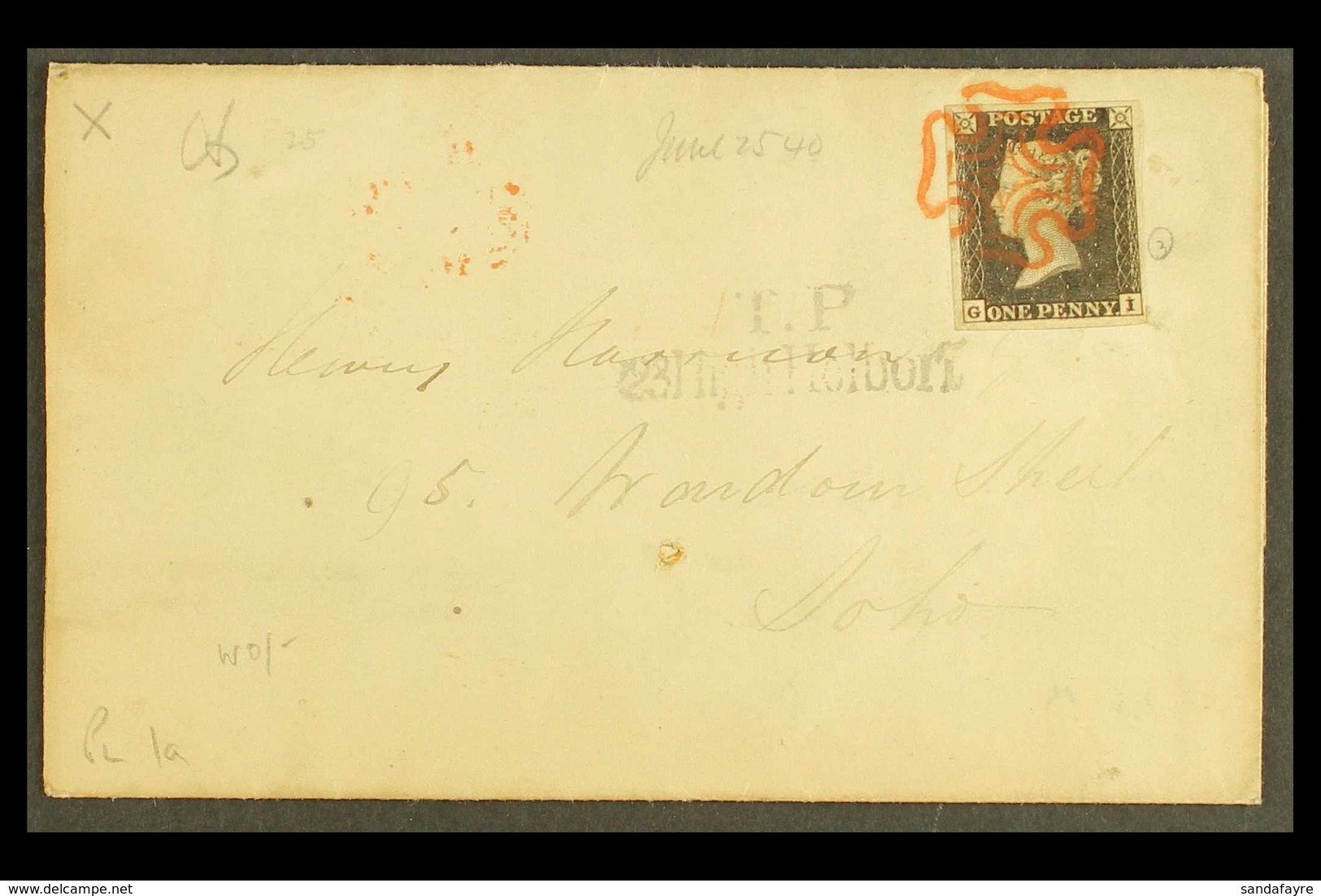 1840 (25 Jun) Pretty Entire Letter Sent Locally To Soho, London Bearing A 1d Black 'G I' Plate 1a With 4 Margins Tied By - Unclassified