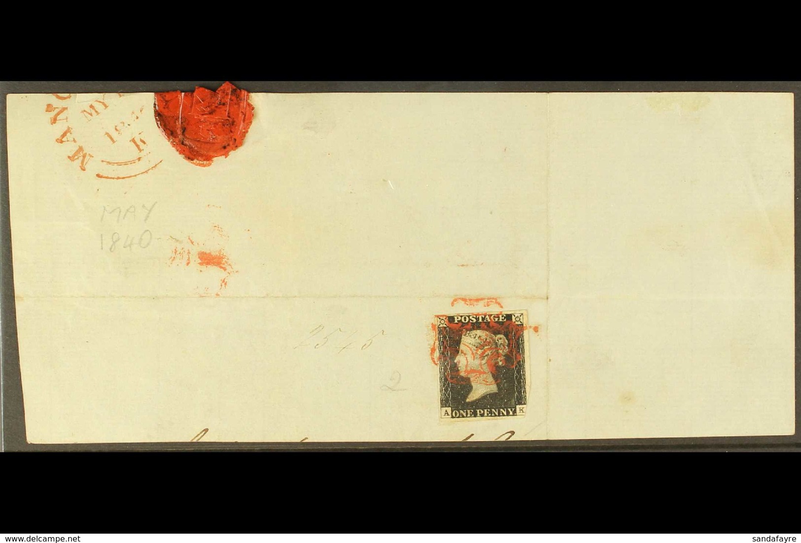 1840 (May) 1d Black, Plate 2, Check Letters A - H, Two Clear Margins, Just Clipped At Corner, Tied To A Piece By A Light - Non Classificati