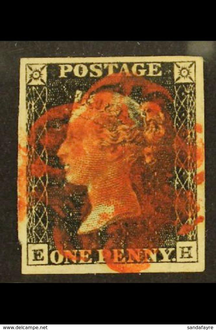 1840 1d Black 'EH', SG 2, Used With 4 Large Margins & Bright Red Slightly Over-inked MC Cancel. Small Thin. For More Ima - Unclassified