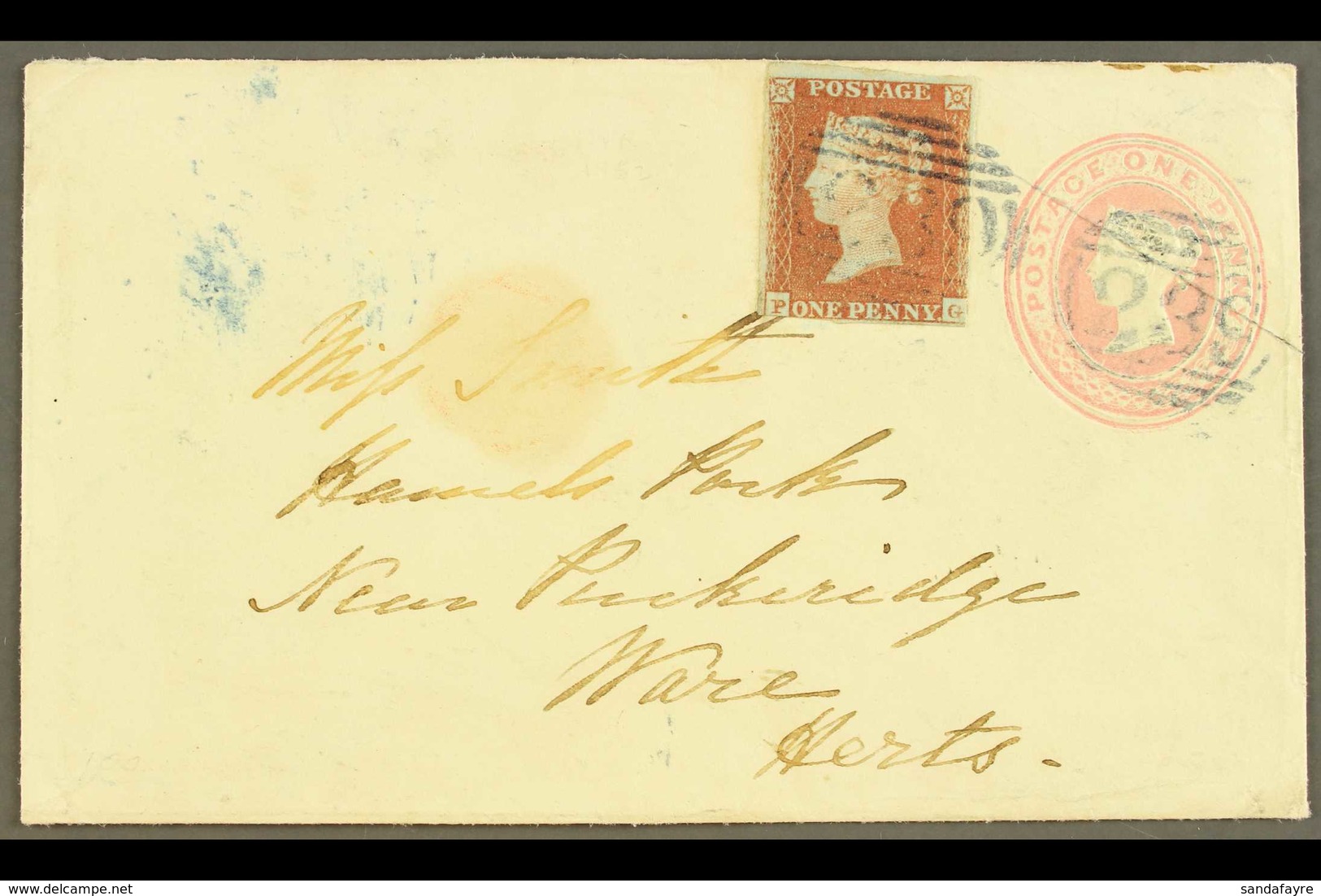 1841 1d Red- Brown Imperf. Uprating An 1852 (17 Apr) 1d Pink Envelope To Ware, Tied By Dawlish Numeral In A Bluish Ink.  - Other & Unclassified
