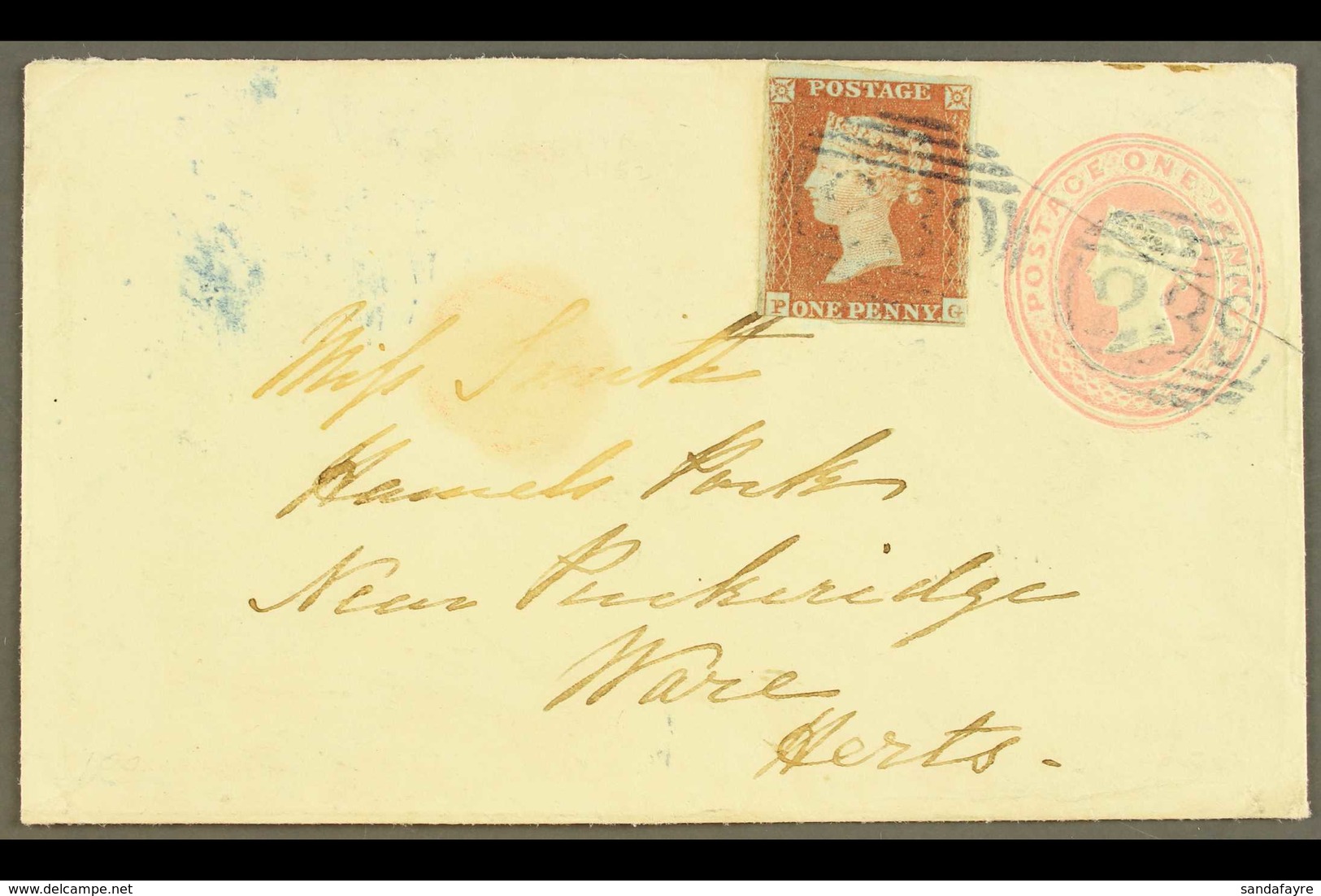 1841 1d Red- Brown Imperf. Uprating An 1852 (17 Apr) 1d Pink Envelope To Ware, Tied By Dawlish Numeral In A Bluish Ink.  - Andere & Zonder Classificatie