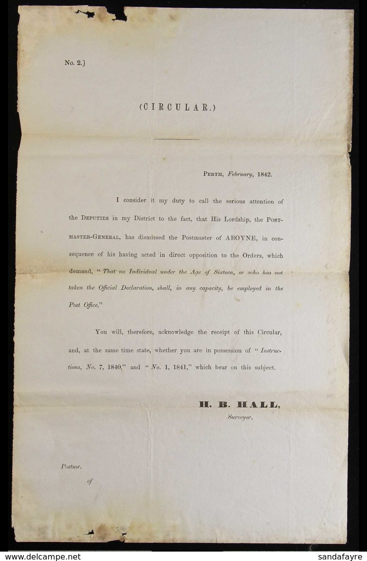 1842 POSTAL / SOCIAL HISTORY! A Post Office Circular Despatched "Perth, February 1842" Drawing Attention To The Recent D - Altri & Non Classificati