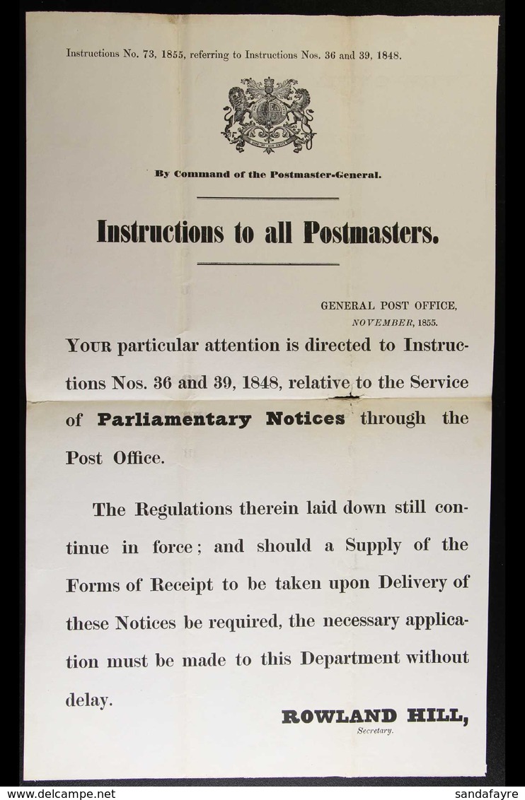 1855 POSTAL NOTICES. TWO November 1855 "Instructions To All Postmasters / POSTAGE STAMPS." From Rowland Hill Allowing Su - Andere & Zonder Classificatie