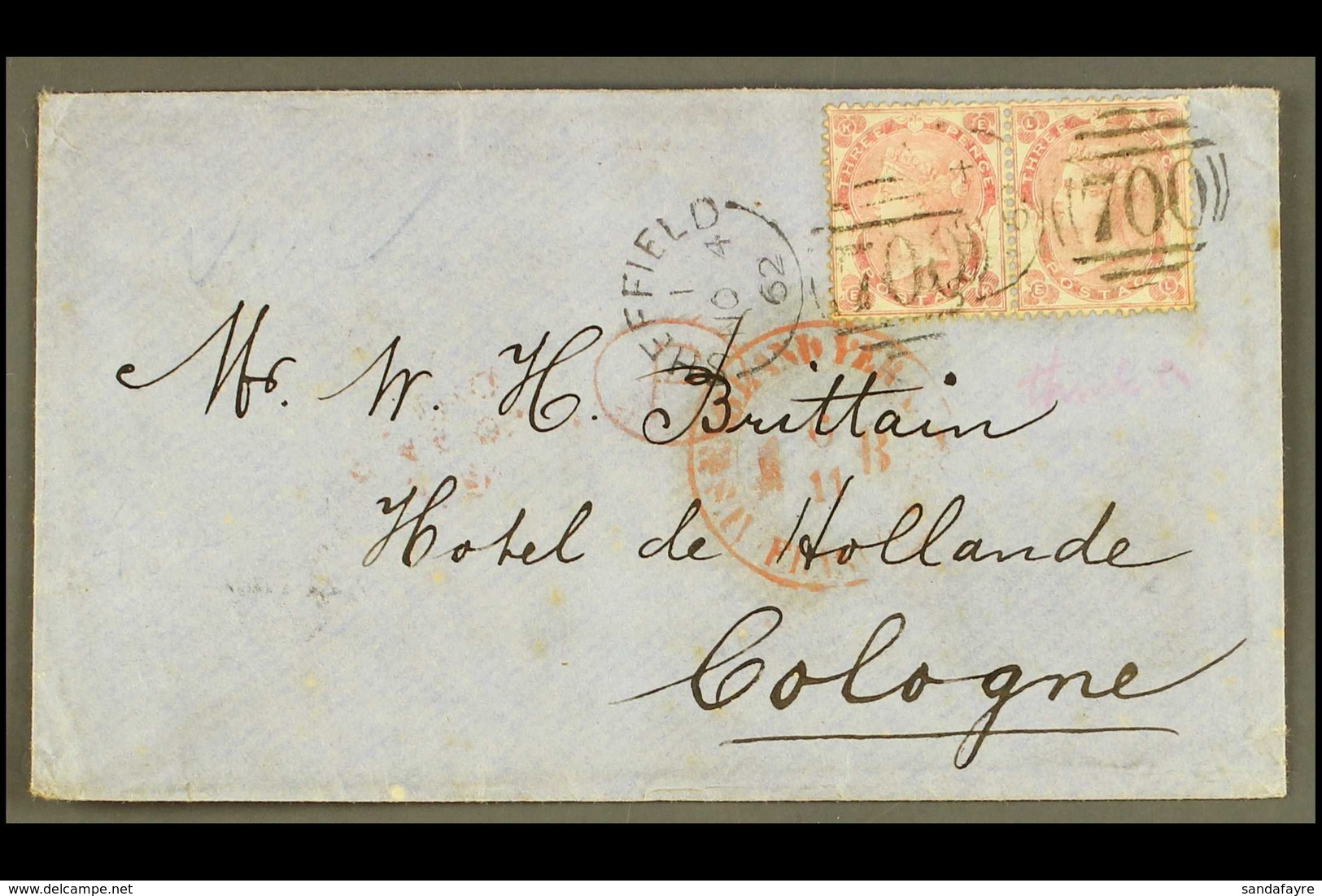 1862 (4 Nov) Env From Sheffield To Germany Bearing A PAIR 3d Pale Carmine-rose Small Letters (SG 77) Tied By Sheffield D - Andere & Zonder Classificatie