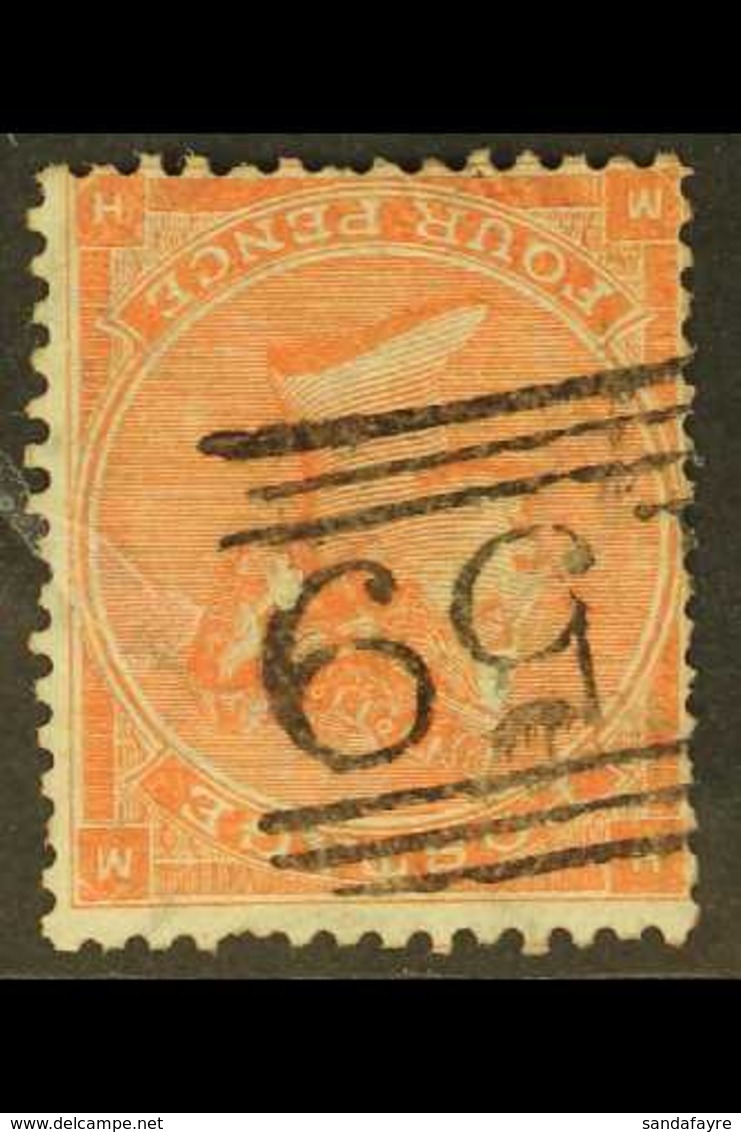 1862-64 4d Bright Red With Hair Lines Plate 4 With WATERMARK INVERTED Variety, SG 82Wi, Used With Nice Postmark, Some Sh - Other & Unclassified