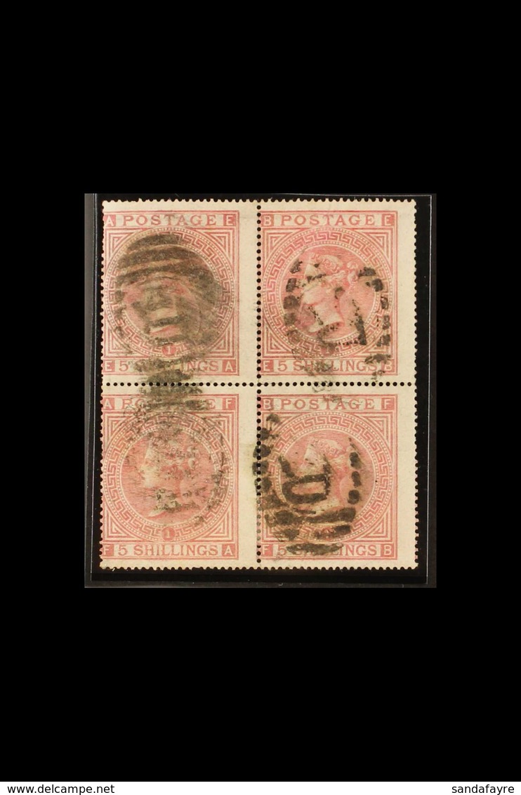 1867-83 5s Rose Plate 1, Wmk Maltese Cross, SG 126, RARE BLOCK OF FOUR Used With "R" Barred Oval Pmks. 2015 "Royal" Cert - Andere & Zonder Classificatie