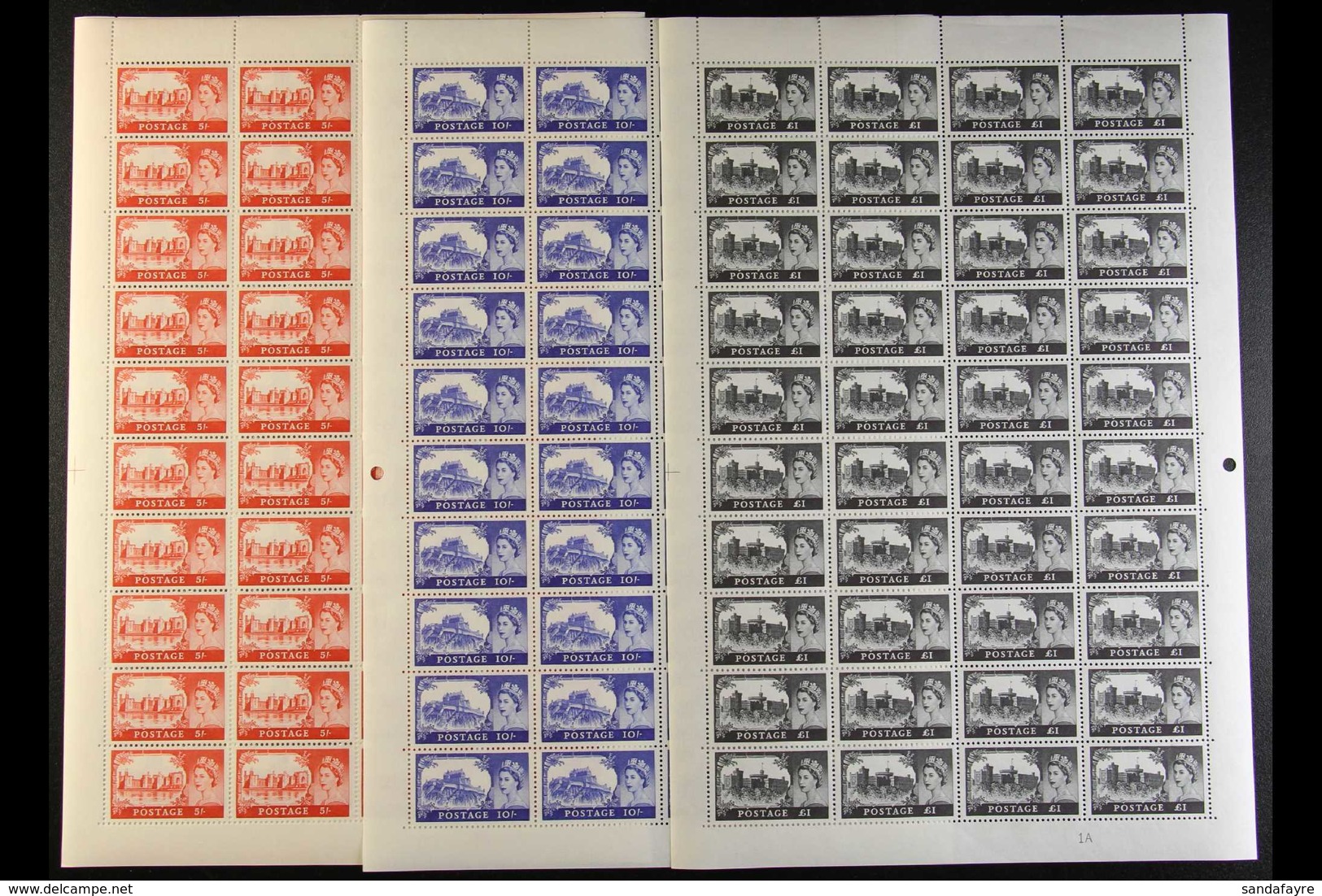 1963 Castles Set, SG 595a/598a, In Complete Sheets Of Forty, Plate Numbers 2s.6d 5A, 5s 3A, 10s 2 And £1 1A. (4 Sheets)  - Andere & Zonder Classificatie