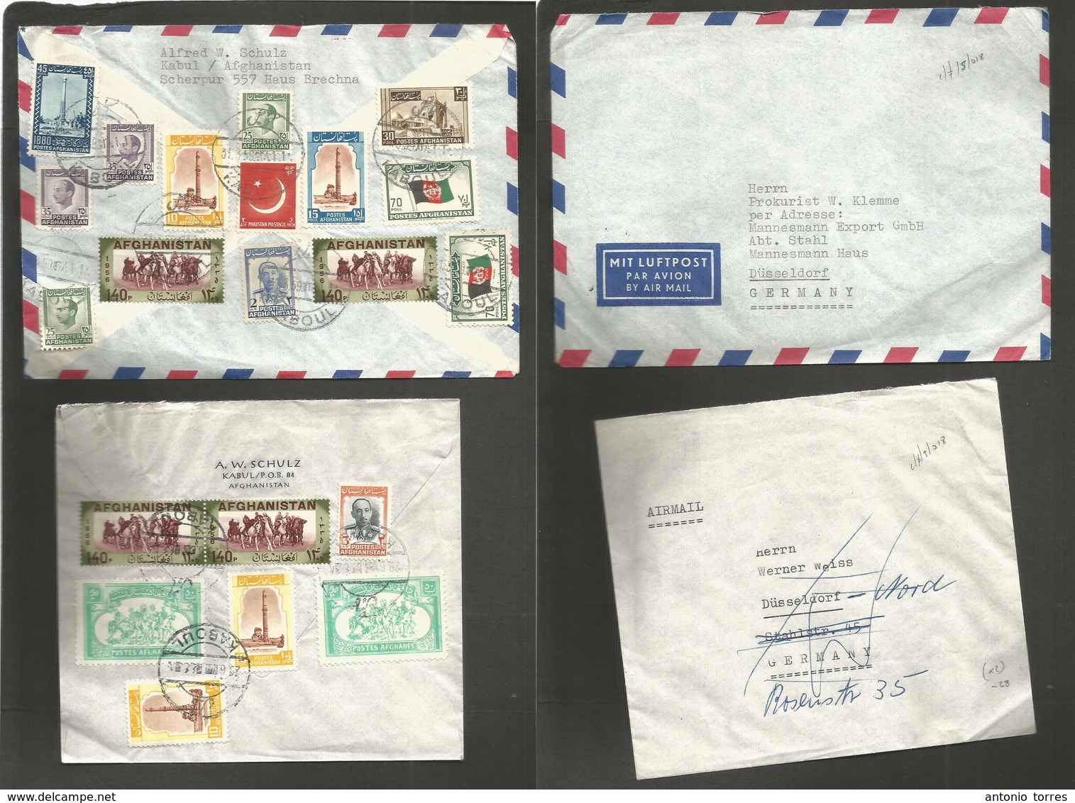 Afghanistan. 1959 (31 March) Kaboul - Germany. Pair Of Multifkd Airmail Envelope Usages. Fine And Attractive. - Afghanistan