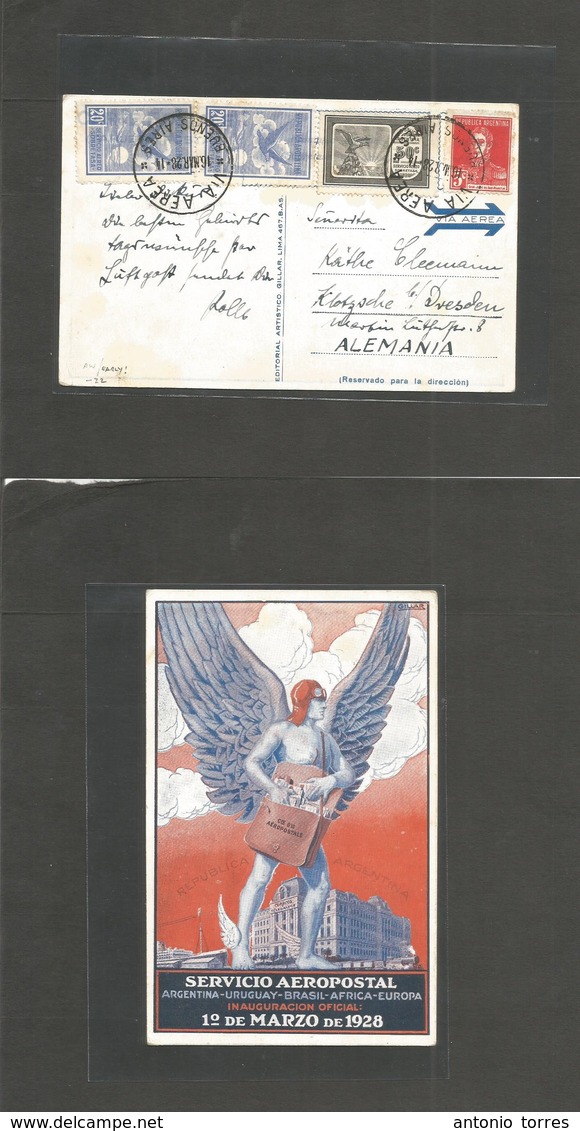 Airmails - World. 1928 (16 March) Argentina - Germany, Special Air Illustrated Postcard. 1-March-1928. South American Eu - Other & Unclassified