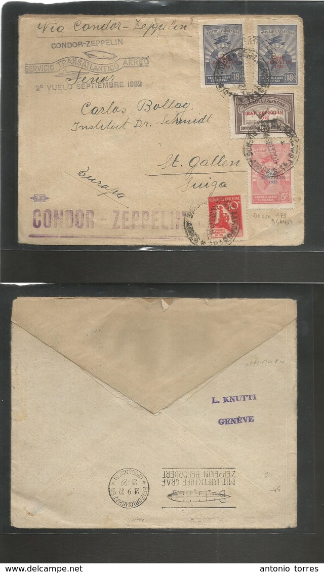 Airmails - World. 1932 (September) Argentina - Switzerland. 2nd Condor Flight. Special Cachet. Multifkd Envelope. On Rev - Sonstige & Ohne Zuordnung