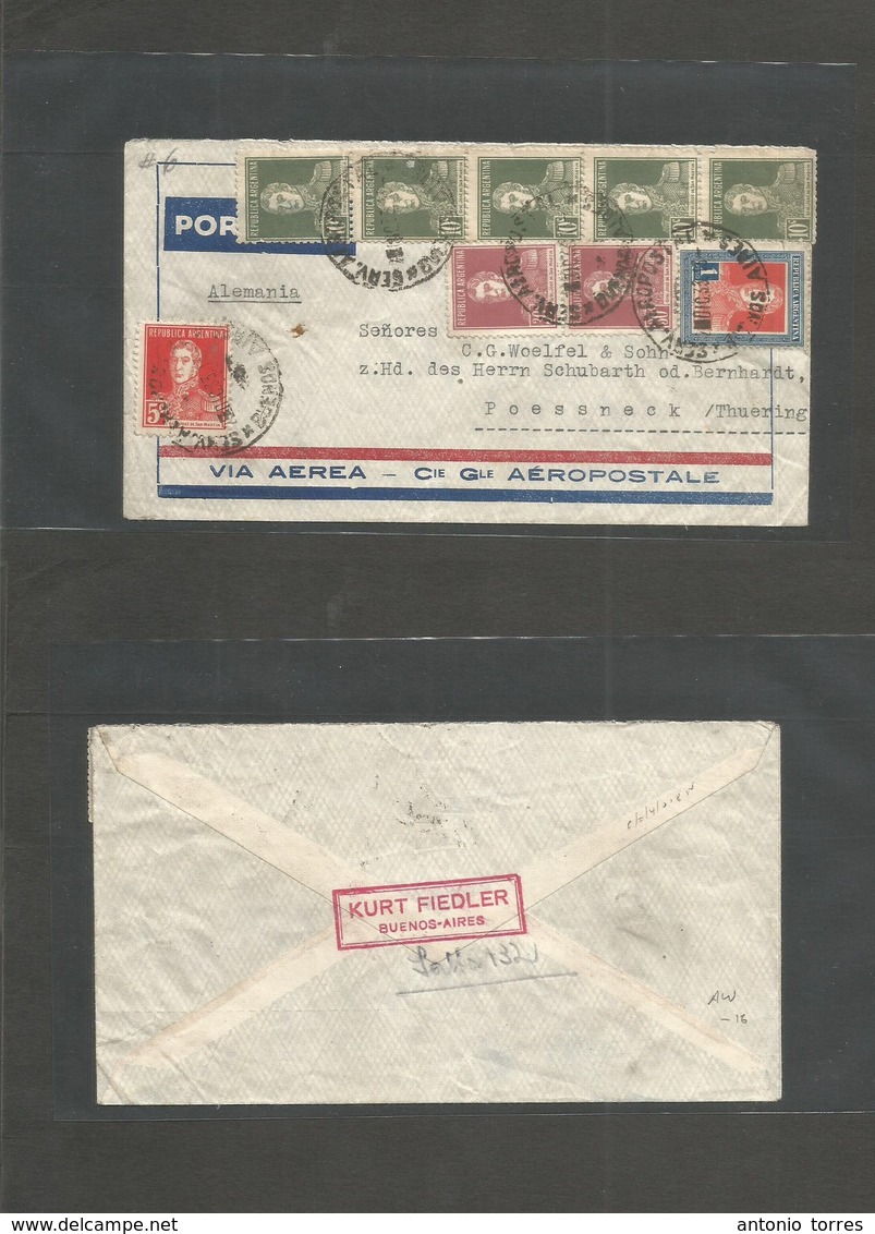 Airmails - World. 1933 (Dic) Argentina - Germany By France AC Gle. AEROPOSTALE. Multifkd Env Incl 1 Peso Stamp. - Other & Unclassified