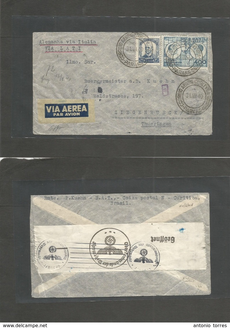 Airmails - World. 1940 (31 July) BRAZIL - GERMANY - LATI Italy. Airline Air Multifkd Envelope With Tied Scarce Air Label - Sonstige & Ohne Zuordnung