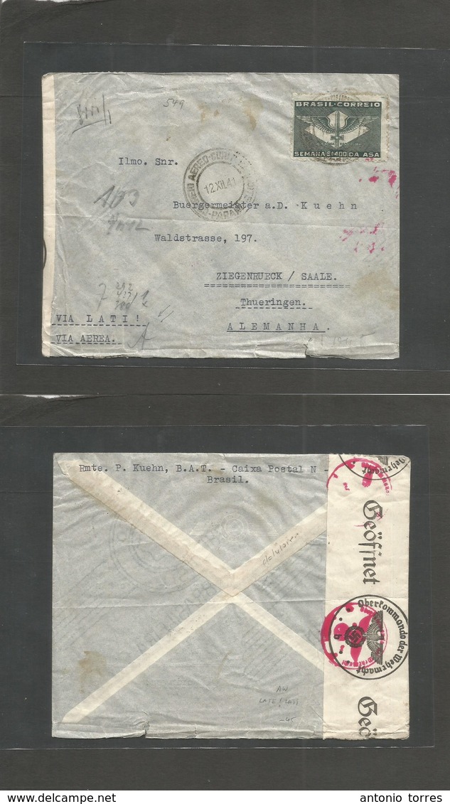 Airmails - World. 1941 (12 Dec) BRAZIL - GERMANY - Via LATI. Fkd Envelope + Nazi Censor. Superb Late Italian Fascist Sou - Other & Unclassified